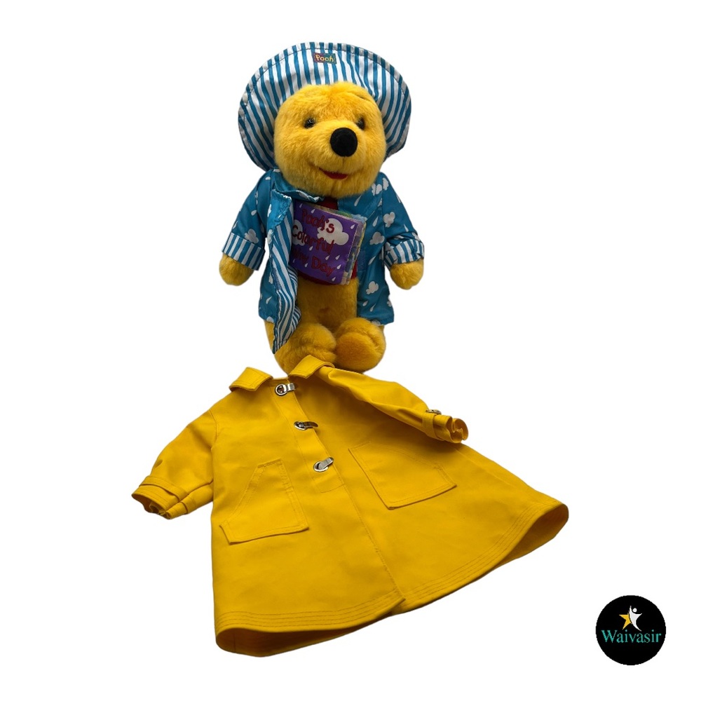 1995 Winnie The Pooh in Raincoat w/ attached book 12" Plush. Xtra Raincoat!